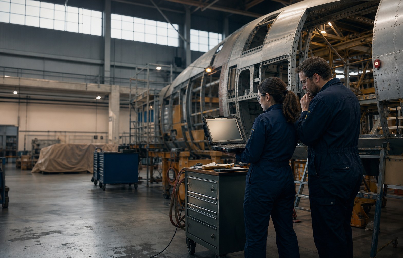 Editorial illustration of two aerospace engineers comparing a local workstation with an unfinished airframe on the assembly floor.