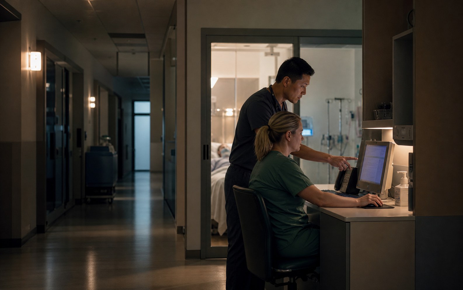Editorial illustration of a clinician and nurse reviewing information at a hospital workstation during the night.