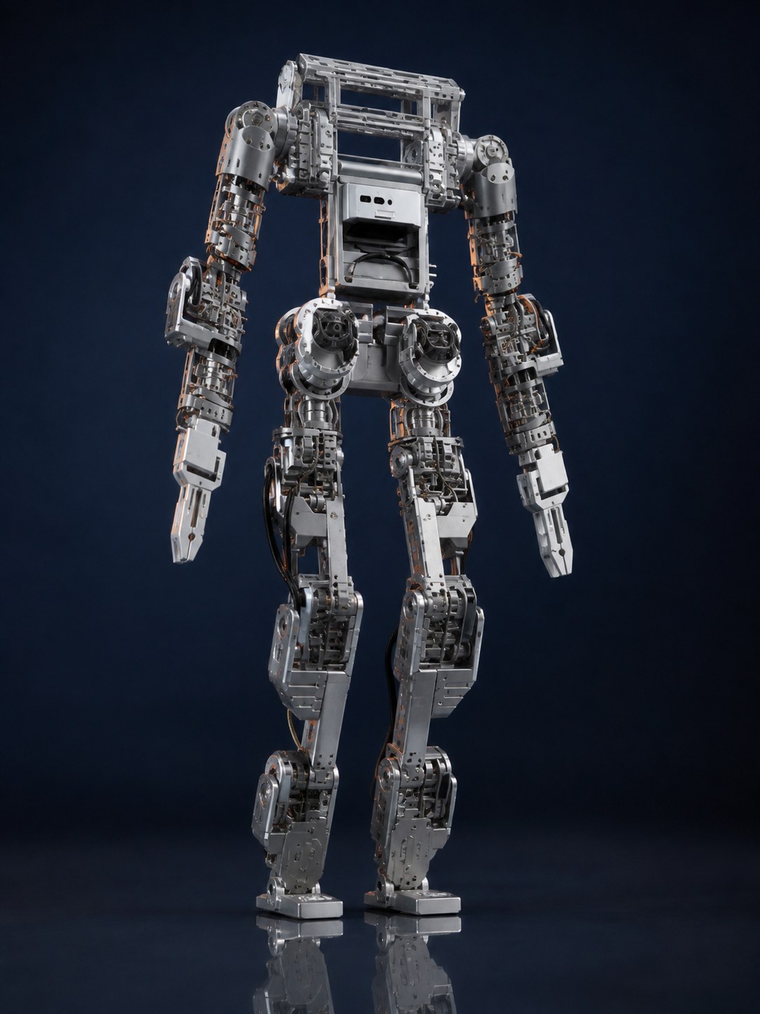 Editorial prototype rendering of the Swayam humanoid biped and its exposed mechanical joints.
